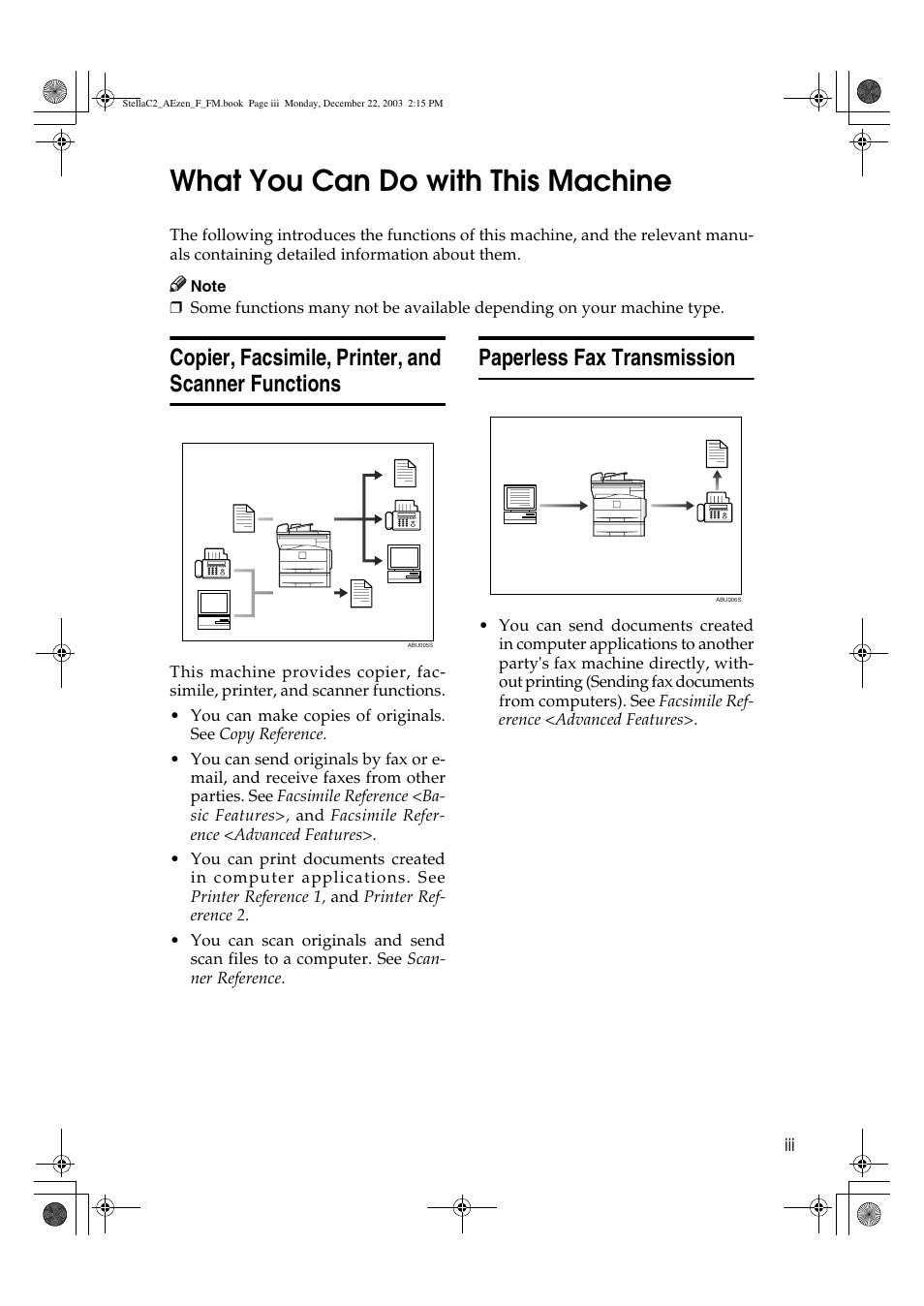 What you can do with this machine, Copier, facsimile, printer, and scanner functions, Paperless fax transmission | Dixon Aficio 1515 User Manual | Page 5 / 1171