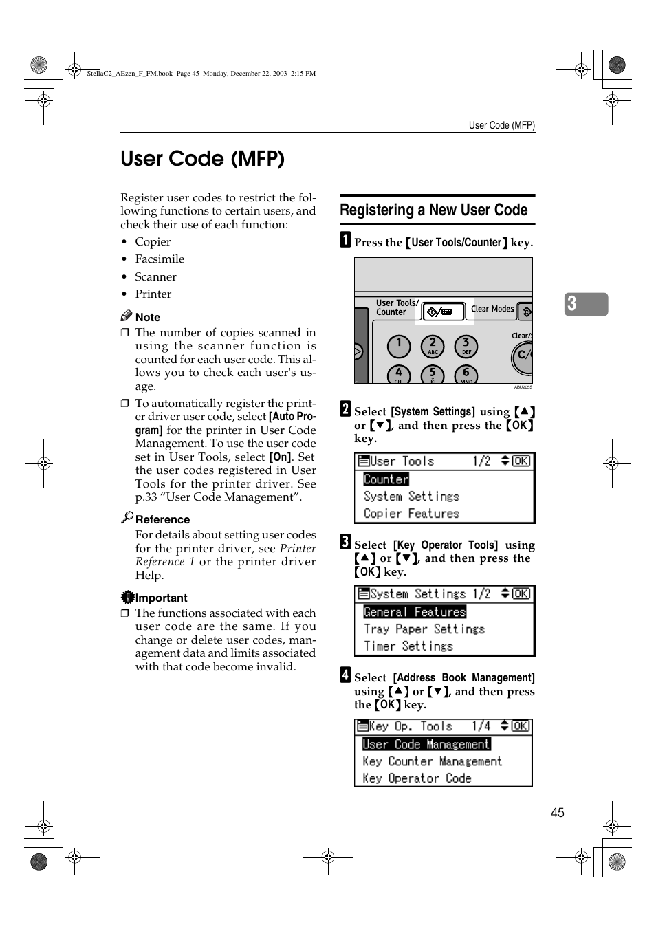 User code (mfp), 3user code (mfp), Registering a new user code | Dixon Aficio 1515 User Manual | Page 55 / 1171