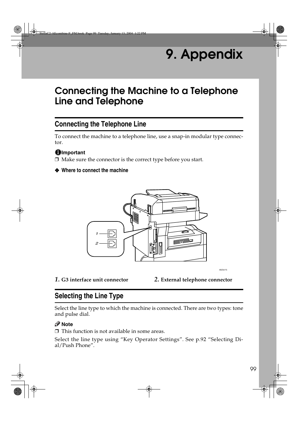 Appendix, Connecting the telephone line, Selecting the line type | Dixon Aficio 1515 User Manual | Page 553 / 1171