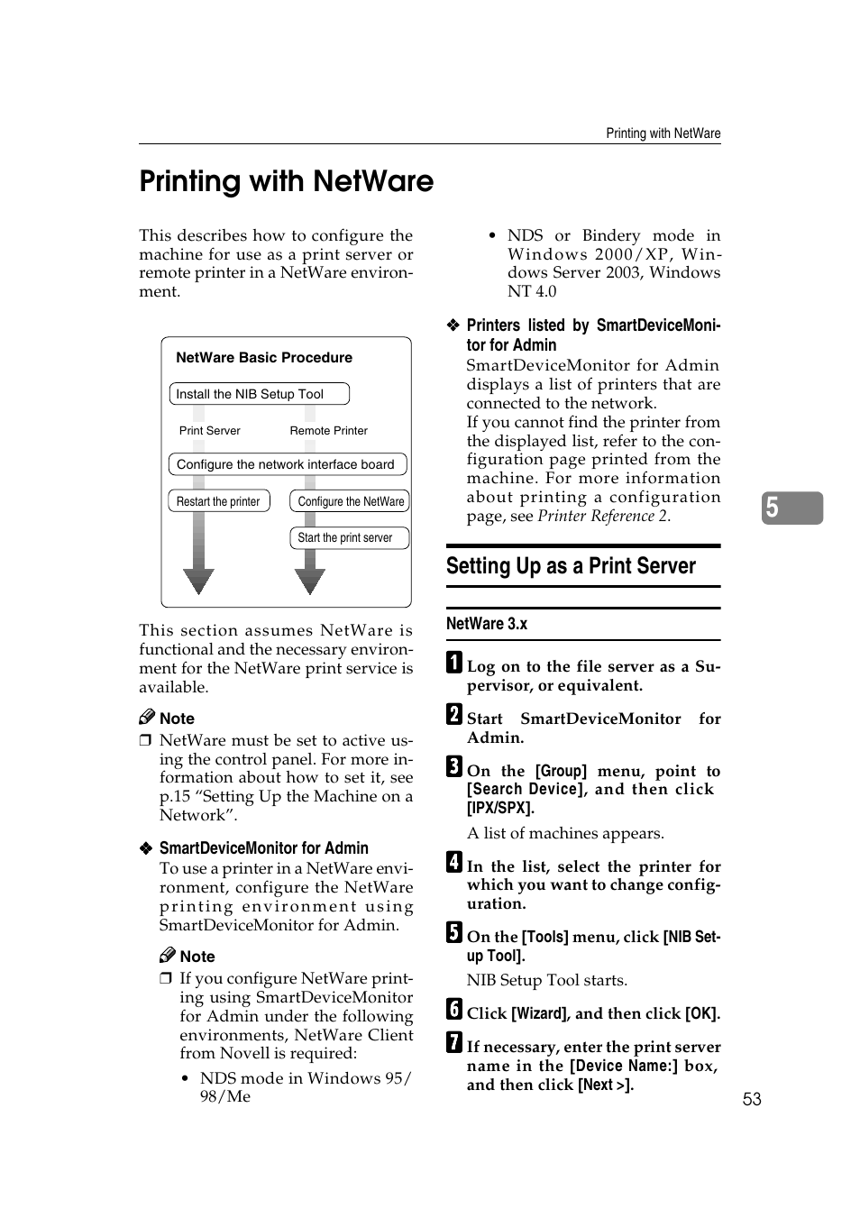Printing with netware, Setting up as a print server, Netware 3.x | 5printing with netware | Dixon Aficio 1515 User Manual | Page 623 / 1171