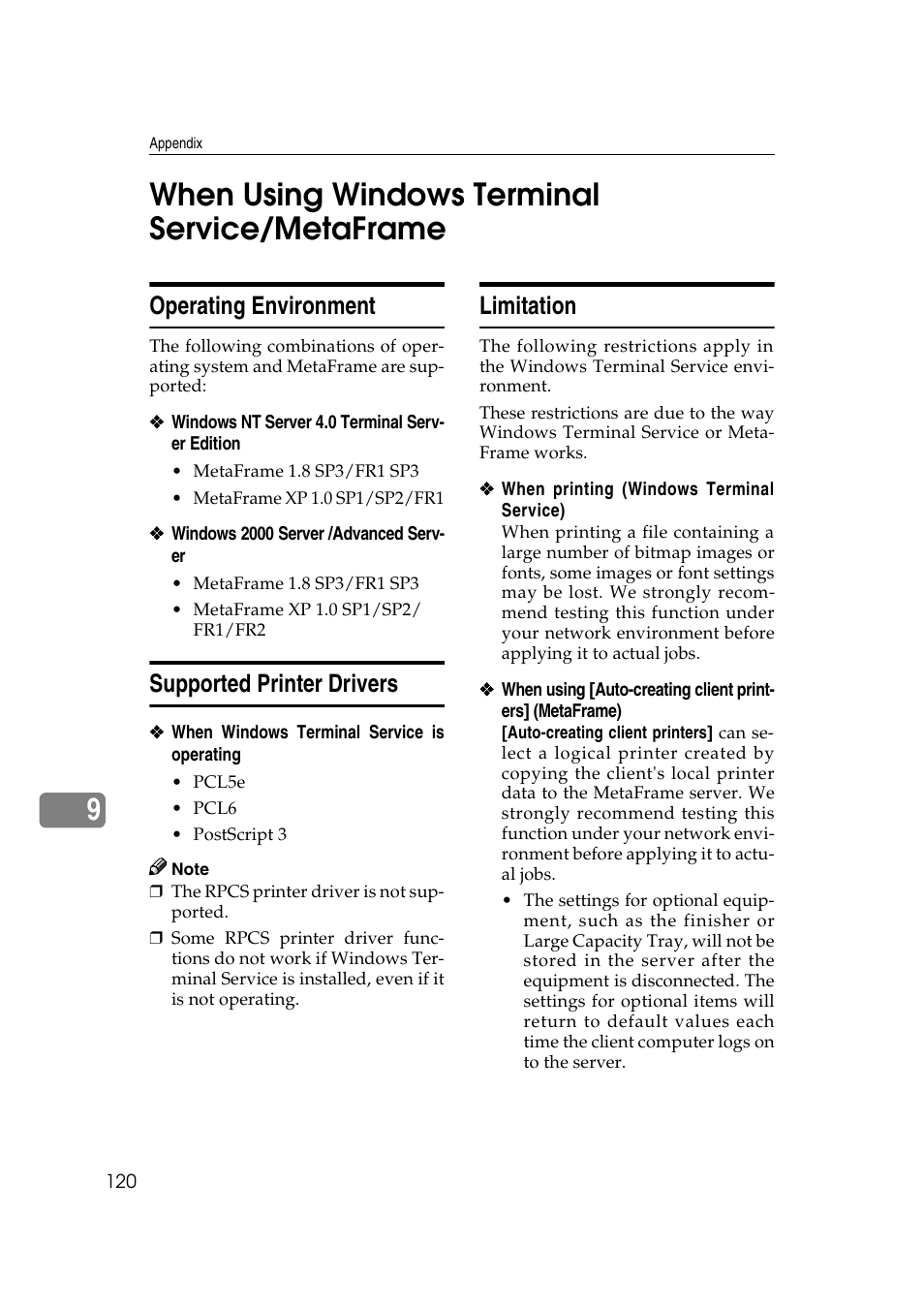 When using windows terminal service/metaframe, Operating environment, Supported printer drivers | Limitation, 9when using windows terminal service/metaframe | Dixon Aficio 1515 User Manual | Page 690 / 1171