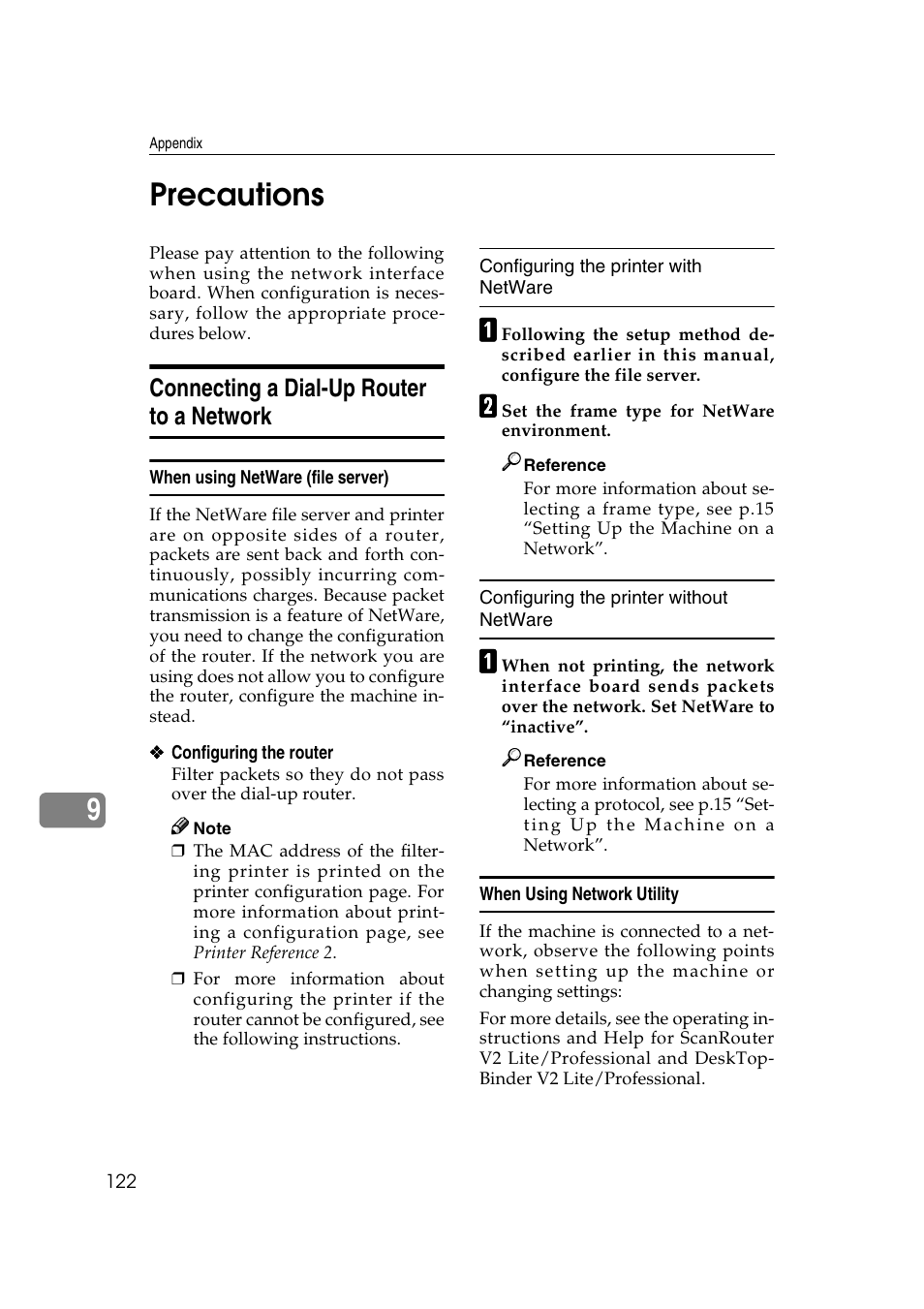 Precautions, Connecting a dial-up router to a network, When using netware (file server) | When using network utility, 9precautions | Dixon Aficio 1515 User Manual | Page 692 / 1171