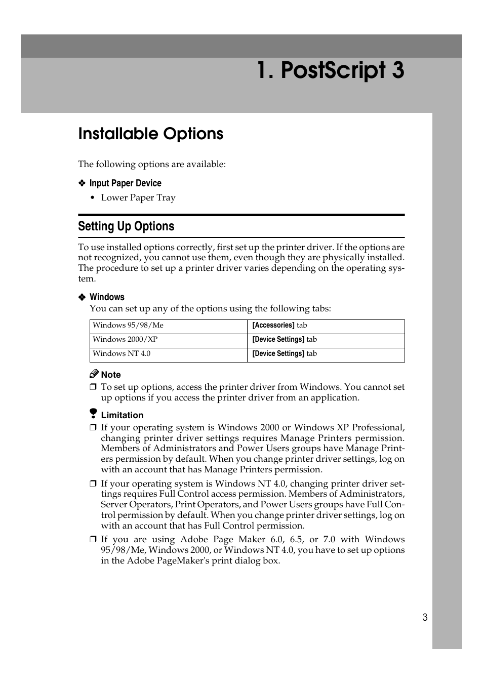  postscript 3, Installable options, Setting up options | Postscript 3 | Dixon Aficio 1515 User Manual | Page 707 / 1171