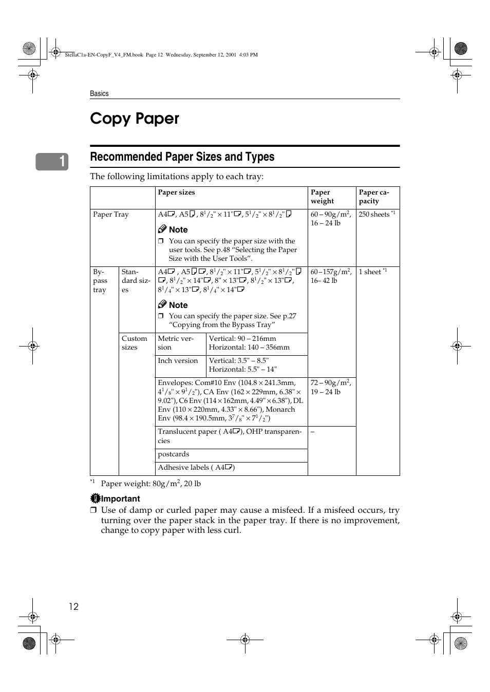Copy paper, 1copy paper, Recommended paper sizes and types | Dixon Aficio 1515 User Manual | Page 748 / 1171