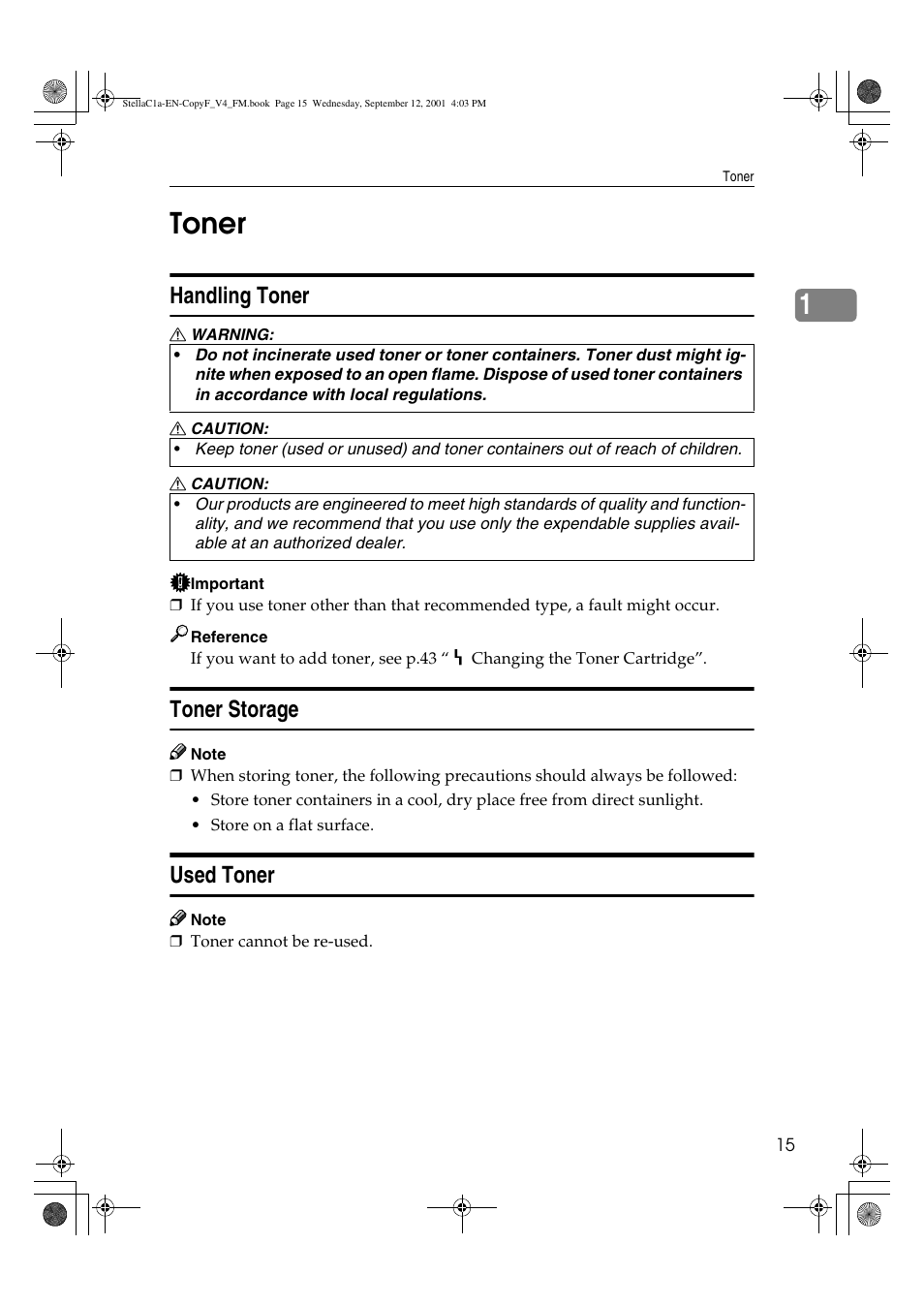 Toner, 1toner, Handling toner | Toner storage, Used toner | Dixon Aficio 1515 User Manual | Page 751 / 1171