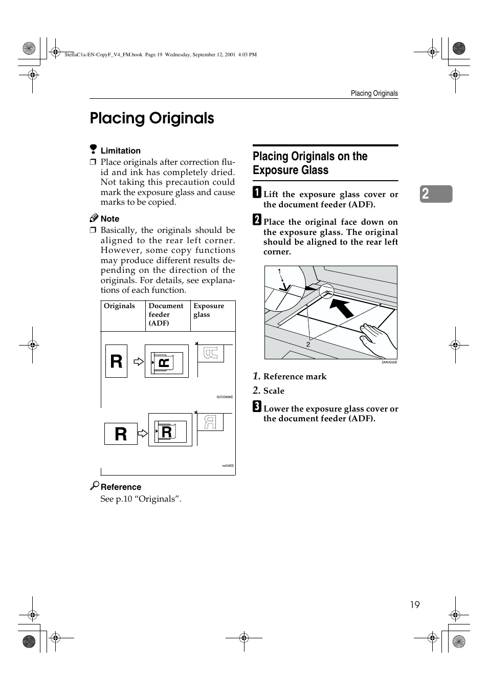 Placing originals, 2placing originals, Placing originals on the exposure glass | Dixon Aficio 1515 User Manual | Page 755 / 1171