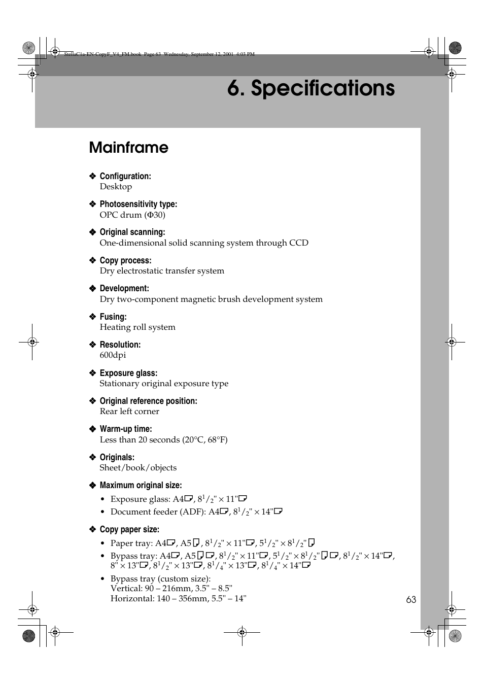 Specifications, Mainframe | Dixon Aficio 1515 User Manual | Page 799 / 1171