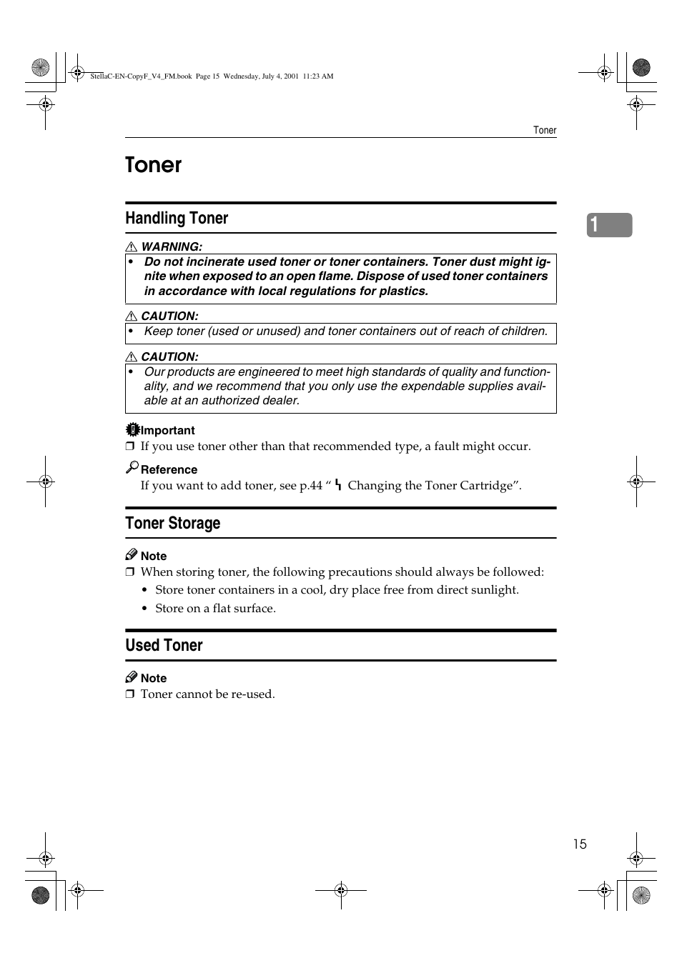 Toner, 1toner, Handling toner | Toner storage, Used toner | Dixon Aficio 1515 User Manual | Page 857 / 1171