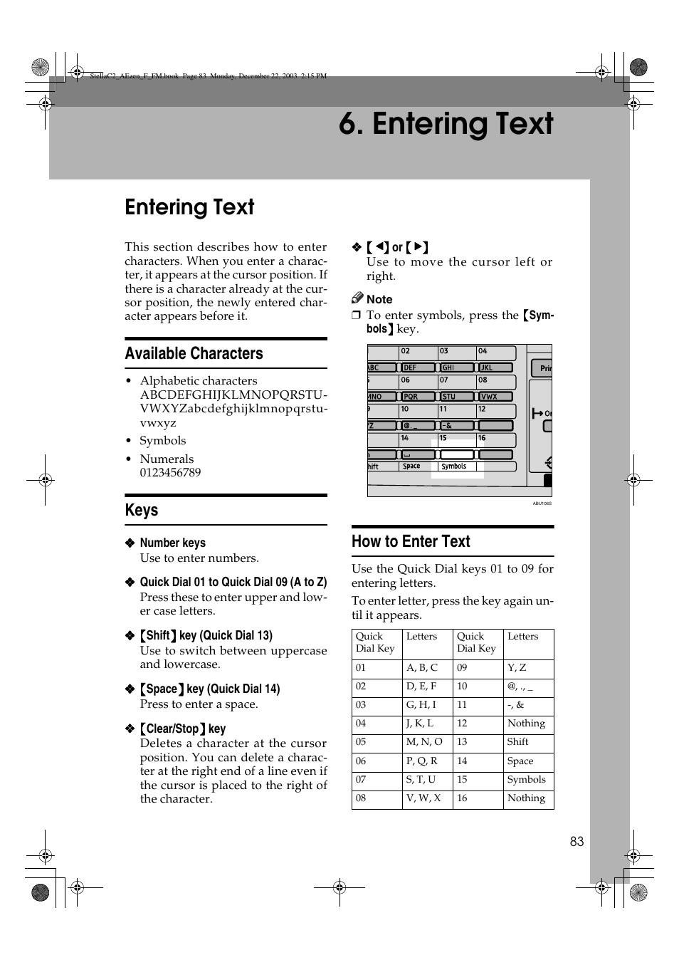 Entering text, Available characters, Keys | How to enter text | Dixon Aficio 1515 User Manual | Page 93 / 1171