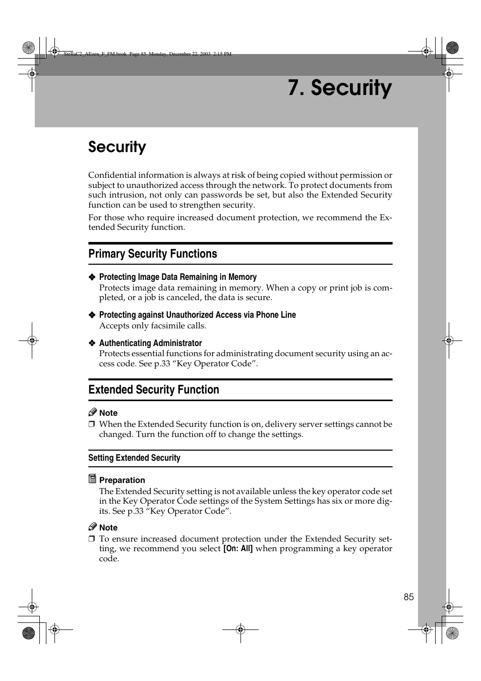 Security, Primary security functions, Extended security function | Dixon Aficio 1515 User Manual | Page 95 / 1171