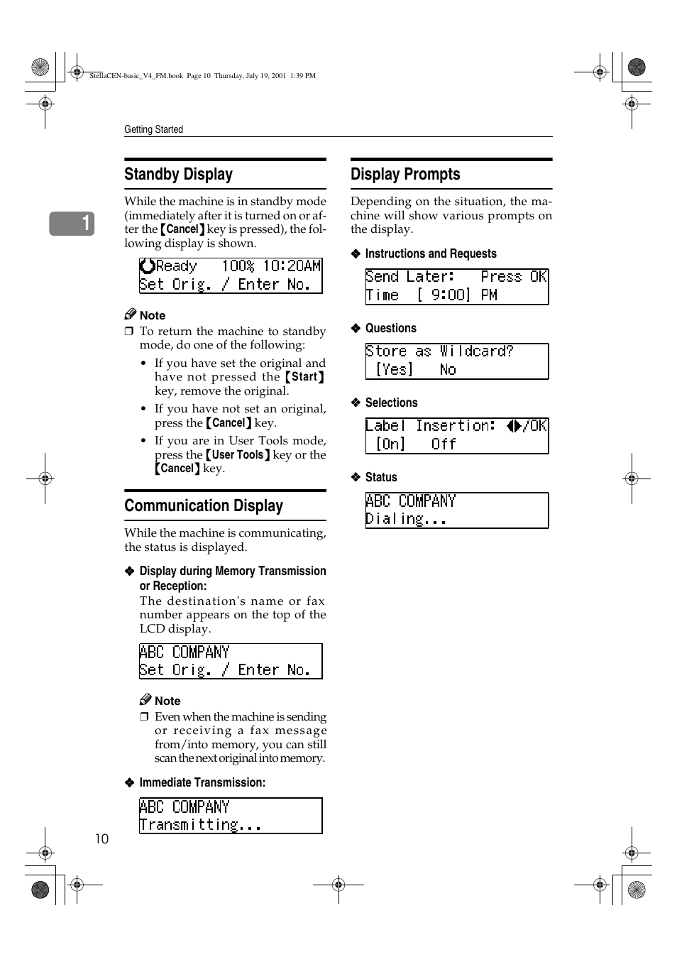 Standby display, Communication display, Display prompts | Dixon Aficio 1515 User Manual | Page 961 / 1171
