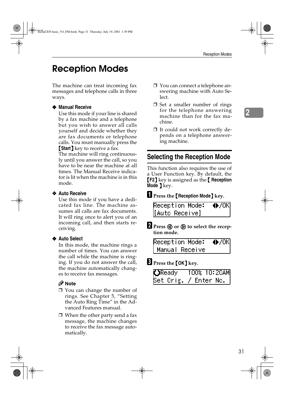Reception modes, 2reception modes, Selecting the reception mode | Dixon Aficio 1515 User Manual | Page 982 / 1171