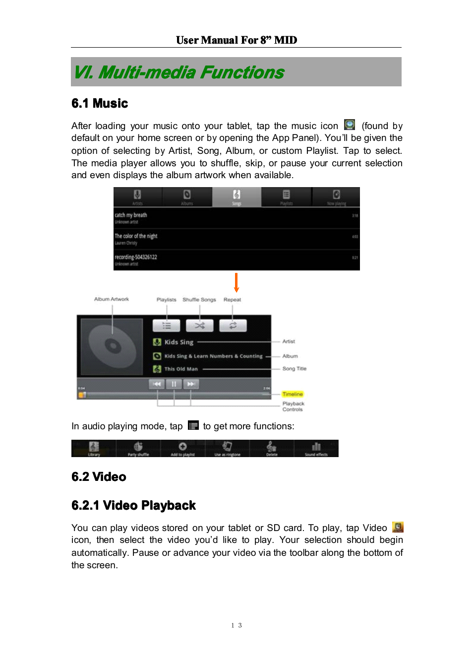 Vi.multi-mediafunctions, 1music, 2video | 1videoplayback, Vi. multi-media functions, 1 video playback | Curtis LT8029 User Manual | Page 13 / 19