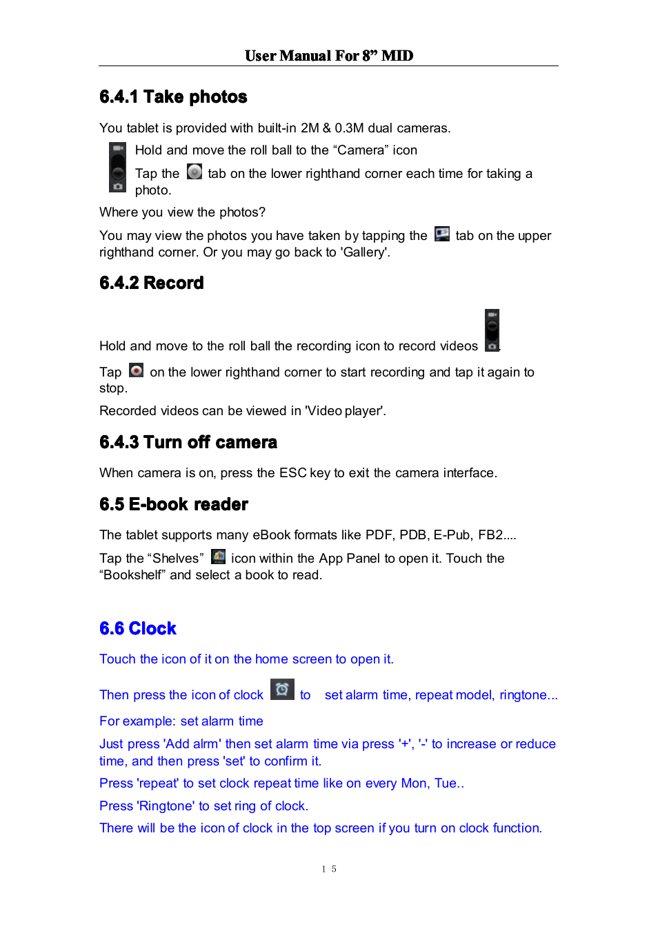 1takephotos, 2record, 3turnoffcamera | 5e-bookreader, 5 e-book reader | Curtis LT8029 User Manual | Page 15 / 19