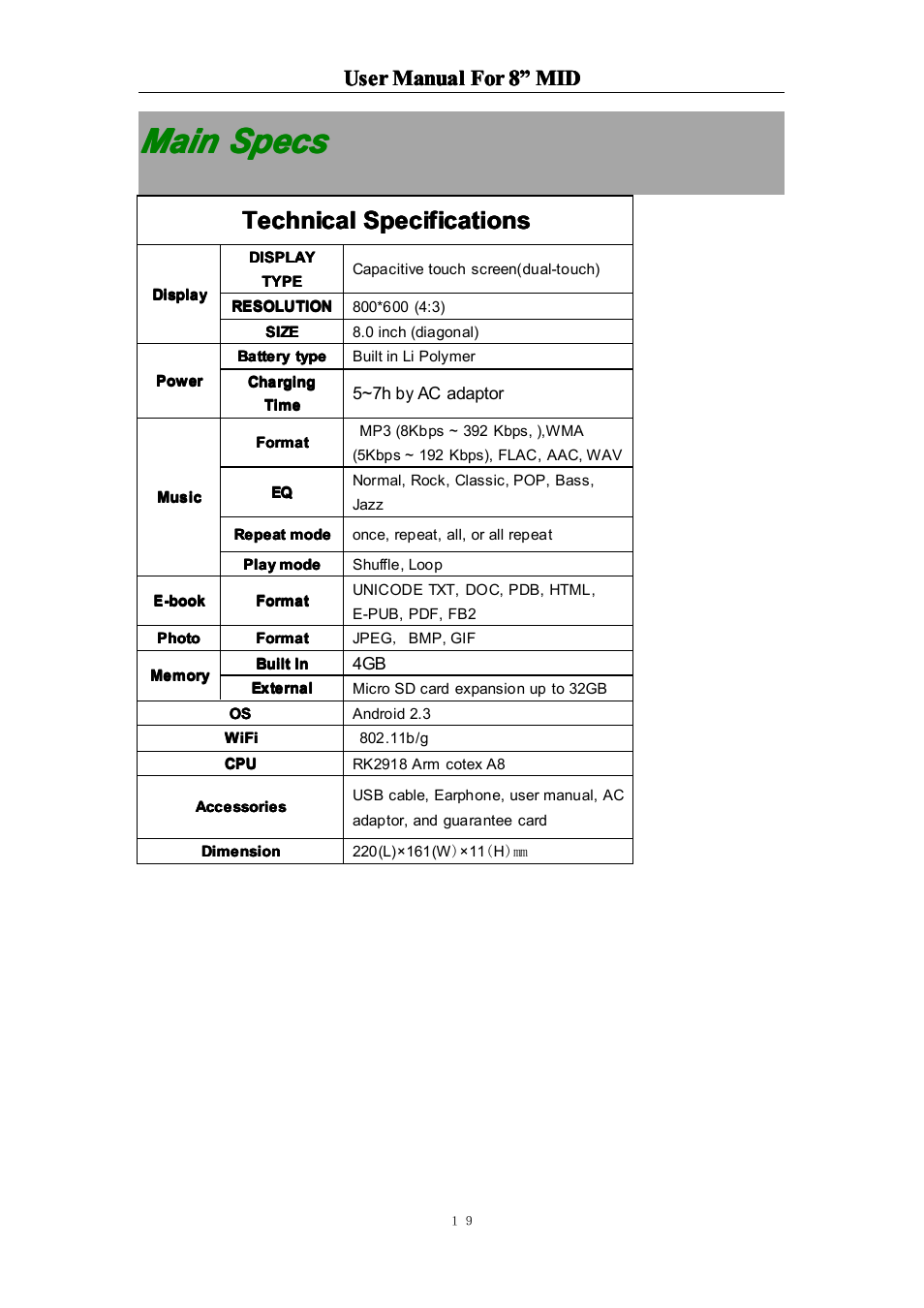 Mainspecs, Main, Main main specs specs specs specs | Technical, User | Curtis LT8029 User Manual | Page 19 / 19