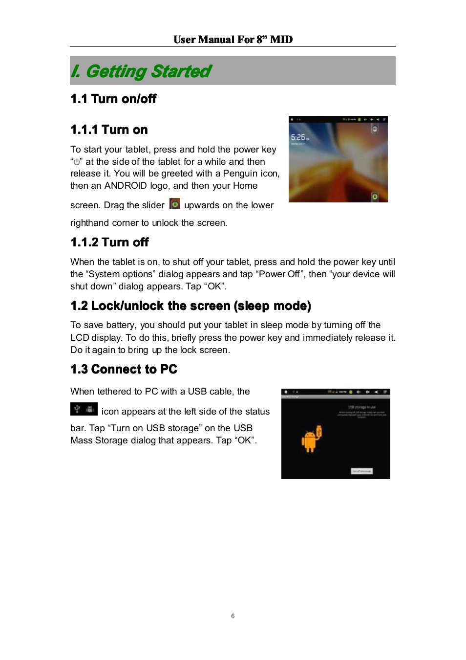 I.gettingstarted, 1turnon/off, 1turnon | 2turnoff, 2lock/unlockthescreen(sleepmode), 3connecttopc, I. getting started, 1 turn on/off | Curtis LT8029 User Manual | Page 6 / 19