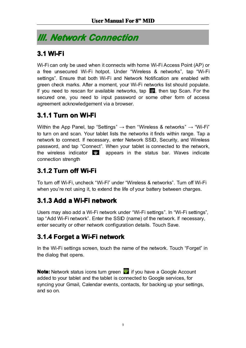 Iii.networkconnection, 1wi-fi, 1turnonwi-fi | 2turnoffwi-fi, 3addawi-finetwork, 4forgetawi-finetwork, Iii. network connection, 1 wi-fi | Curtis LT8029 User Manual | Page 9 / 19