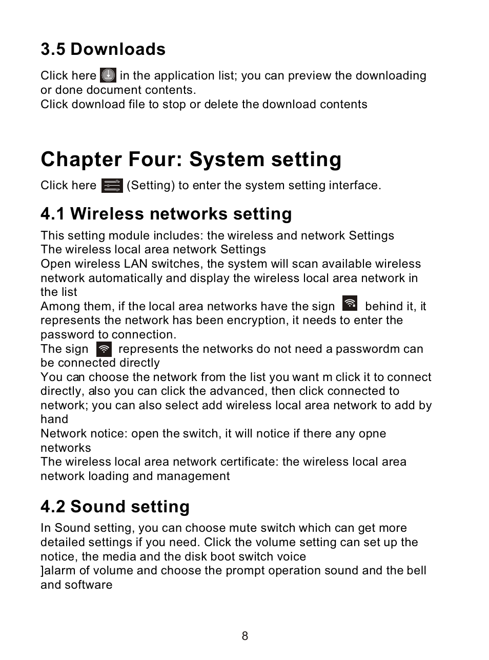 Ò³ãæ 12, Chapter four: system setting, 5 downloads | 1 wireless networks setting, 2 sound setting | Curtis LT7033D User Manual | Page 12 / 16