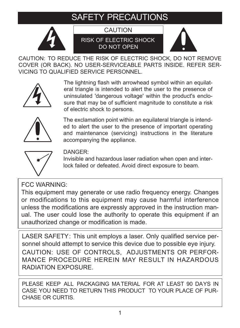 Safety precautions | Curtis CR3988 User Manual | Page 2 / 20