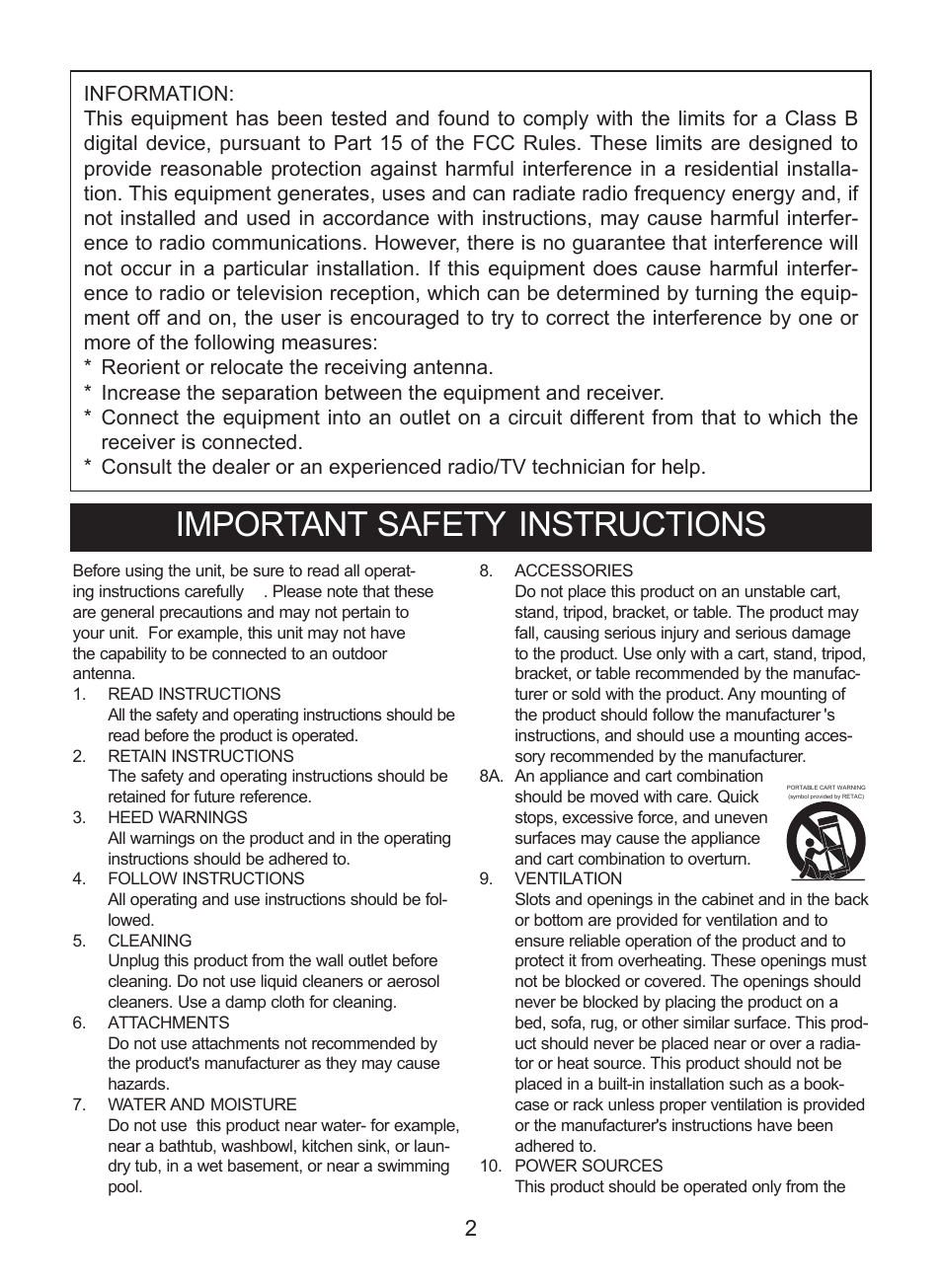 Important safety instructions | Curtis CR3988 User Manual | Page 3 / 20