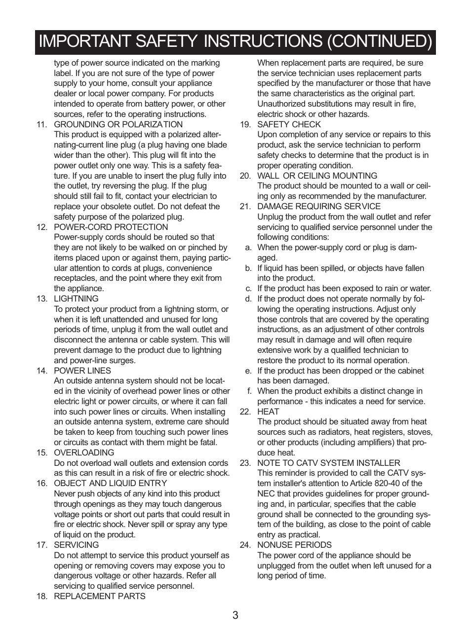 Important safety instructions (continued) | Curtis CR3988 User Manual | Page 4 / 20