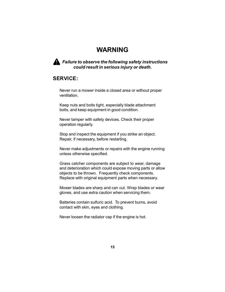 Warning | Dixon Kodiak Diesel 18626-106 User Manual | Page 15 / 52