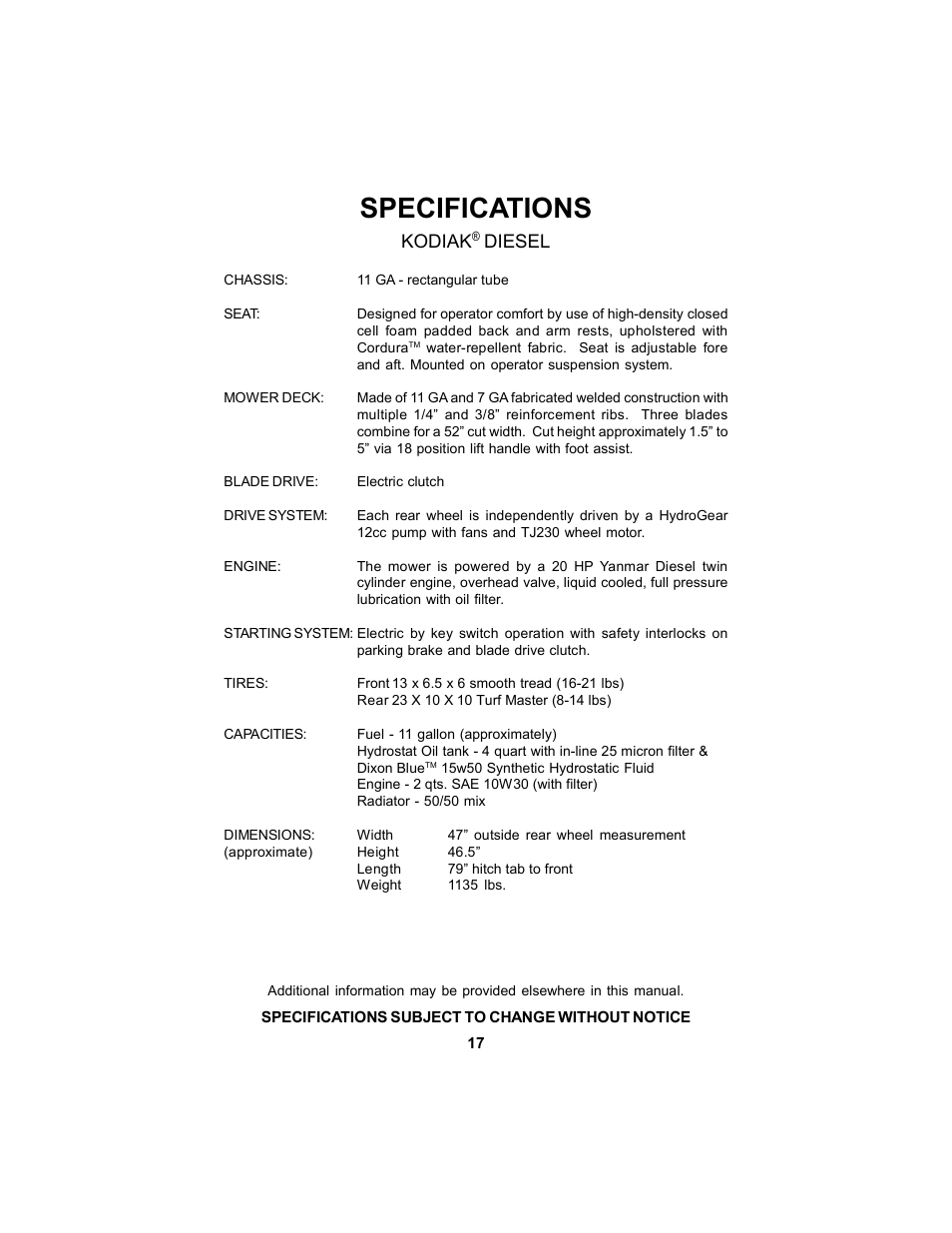 Specifications, Kodiak, Diesel | Dixon Kodiak Diesel 18626-106 User Manual | Page 17 / 52