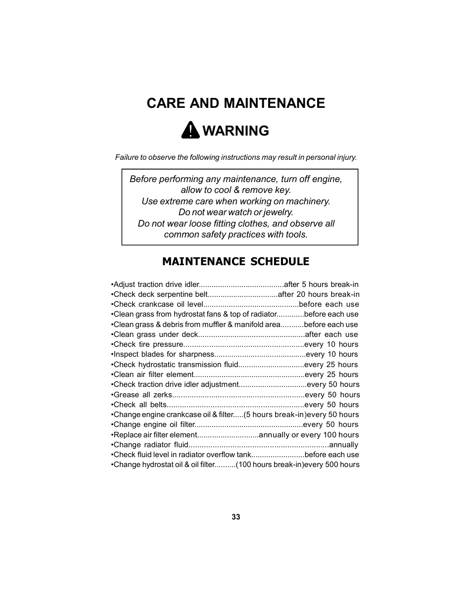 Care and maintenance, Warning | Dixon Kodiak Diesel 18626-106 User Manual | Page 33 / 52