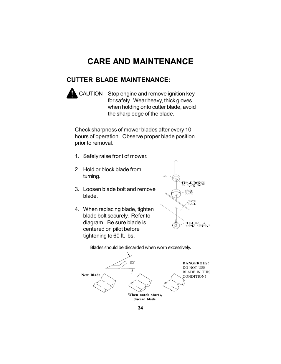 Care and maintenance, Cutter blade maintenance | Dixon Kodiak Diesel 18626-106 User Manual | Page 34 / 52