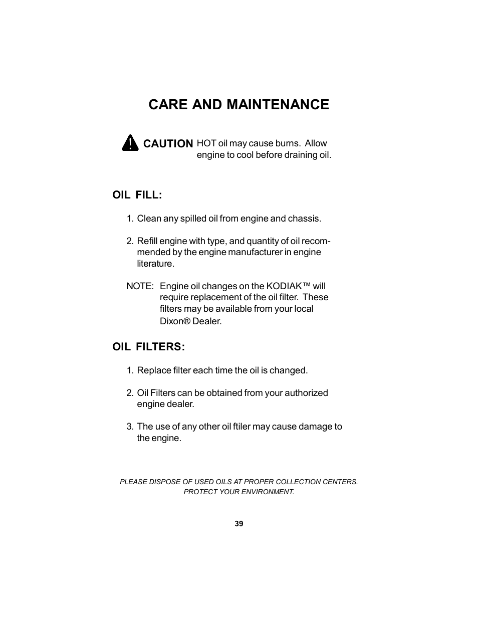 Care and maintenance | Dixon Kodiak Diesel 18626-106 User Manual | Page 39 / 52