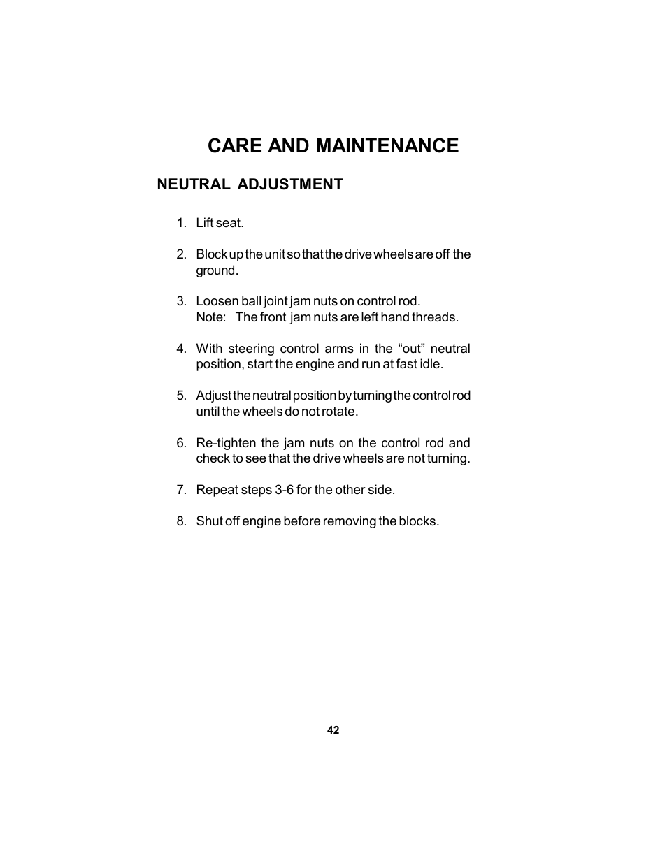 Care and maintenance | Dixon Kodiak Diesel 18626-106 User Manual | Page 42 / 52