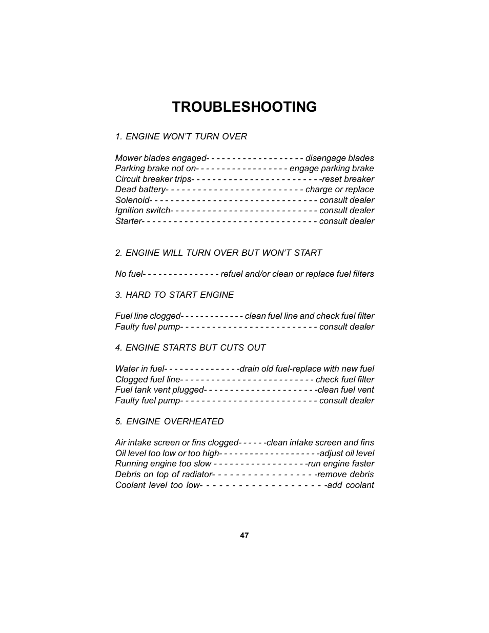 Troubleshooting | Dixon Kodiak Diesel 18626-106 User Manual | Page 47 / 52