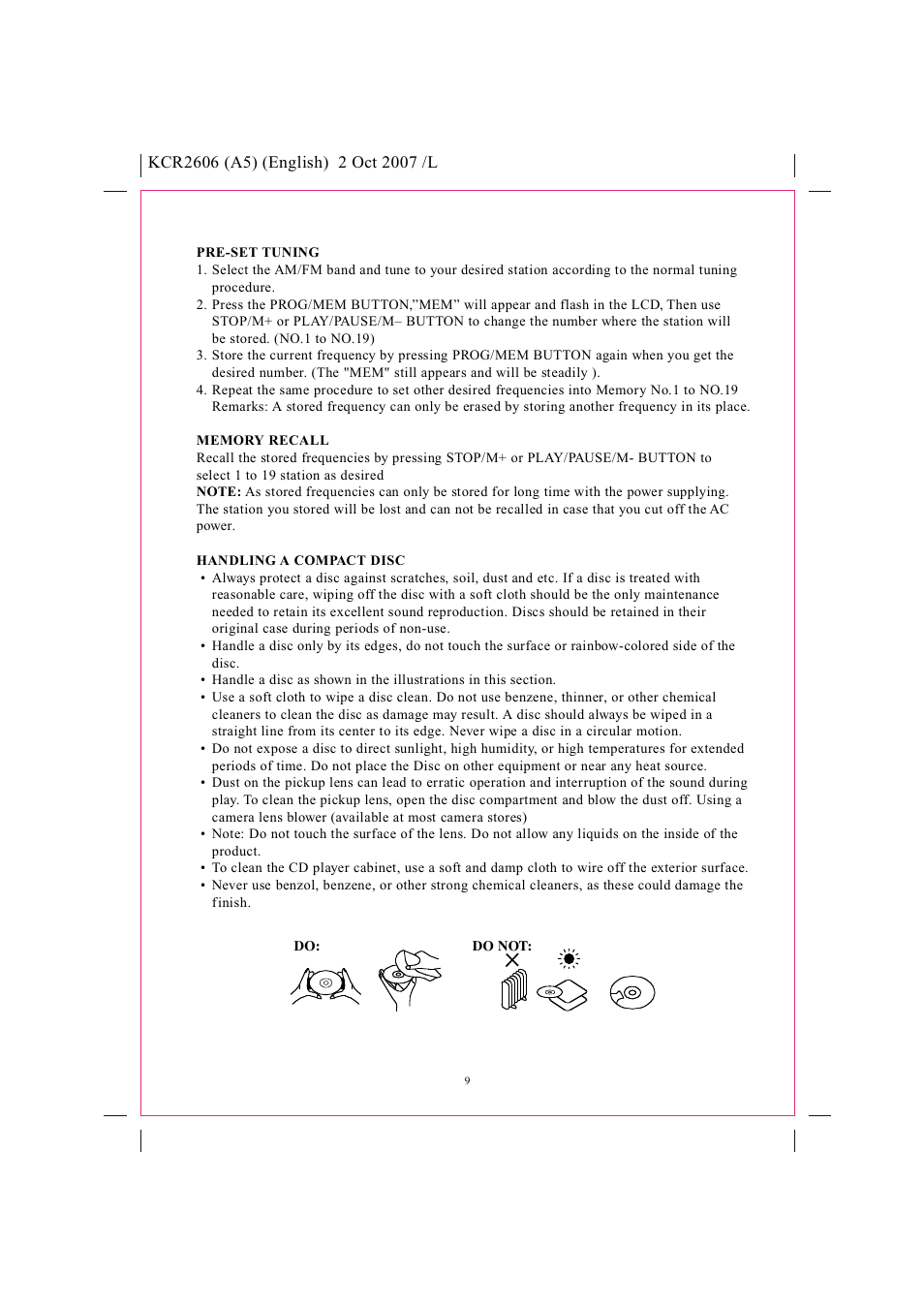 Safety instructions, Pll tuning am/fm stereo radio cd player, Model kcr2606 instruction manual | Curtis KCR2606 User Manual | Page 10 / 12