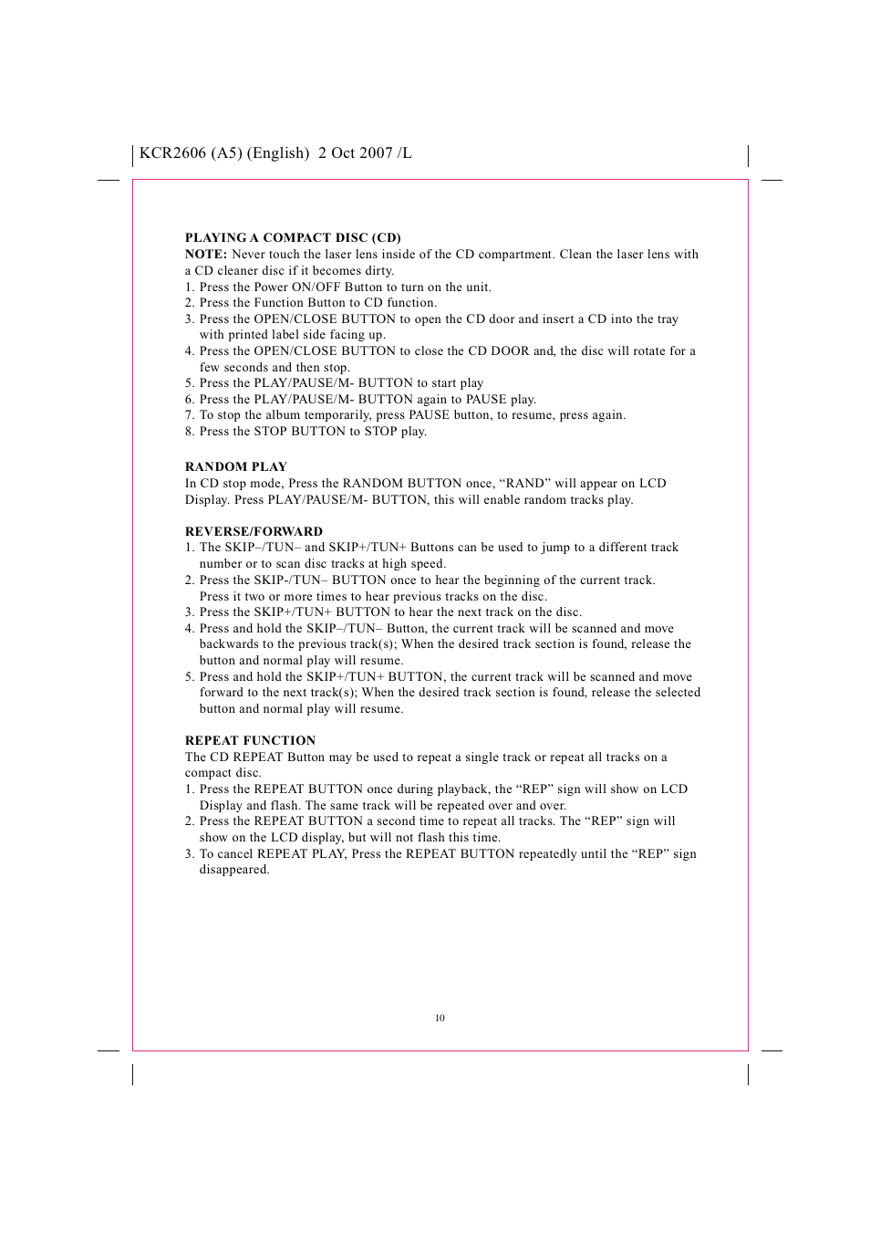 Safety instructions, Pll tuning am/fm stereo radio cd player, Model kcr2606 instruction manual | Curtis KCR2606 User Manual | Page 11 / 12