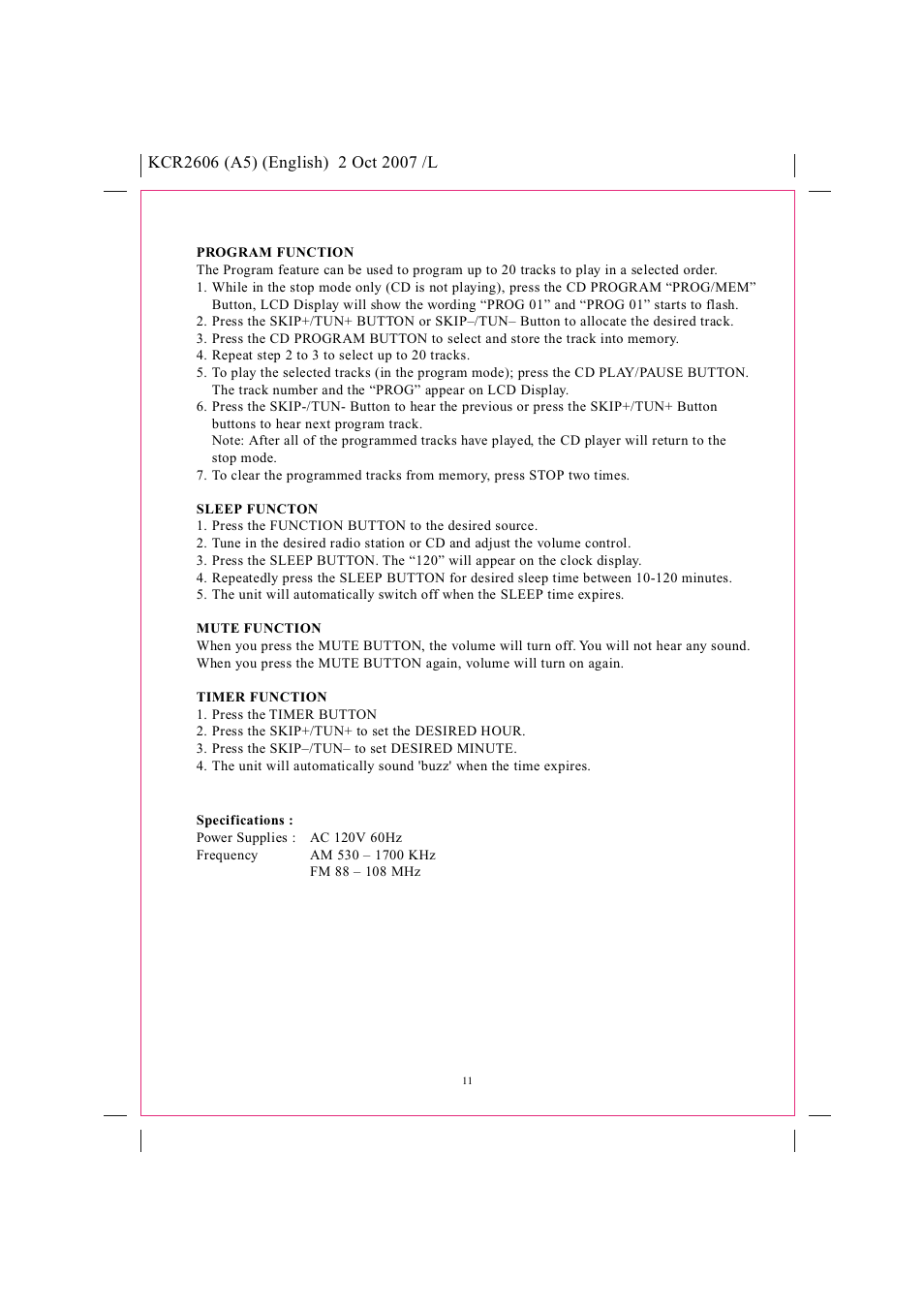 Safety instructions, Pll t uning am/fm ster eo radio cd pla y er, Model kcr2606 instruction man ual | Curtis KCR2606 User Manual | Page 12 / 12