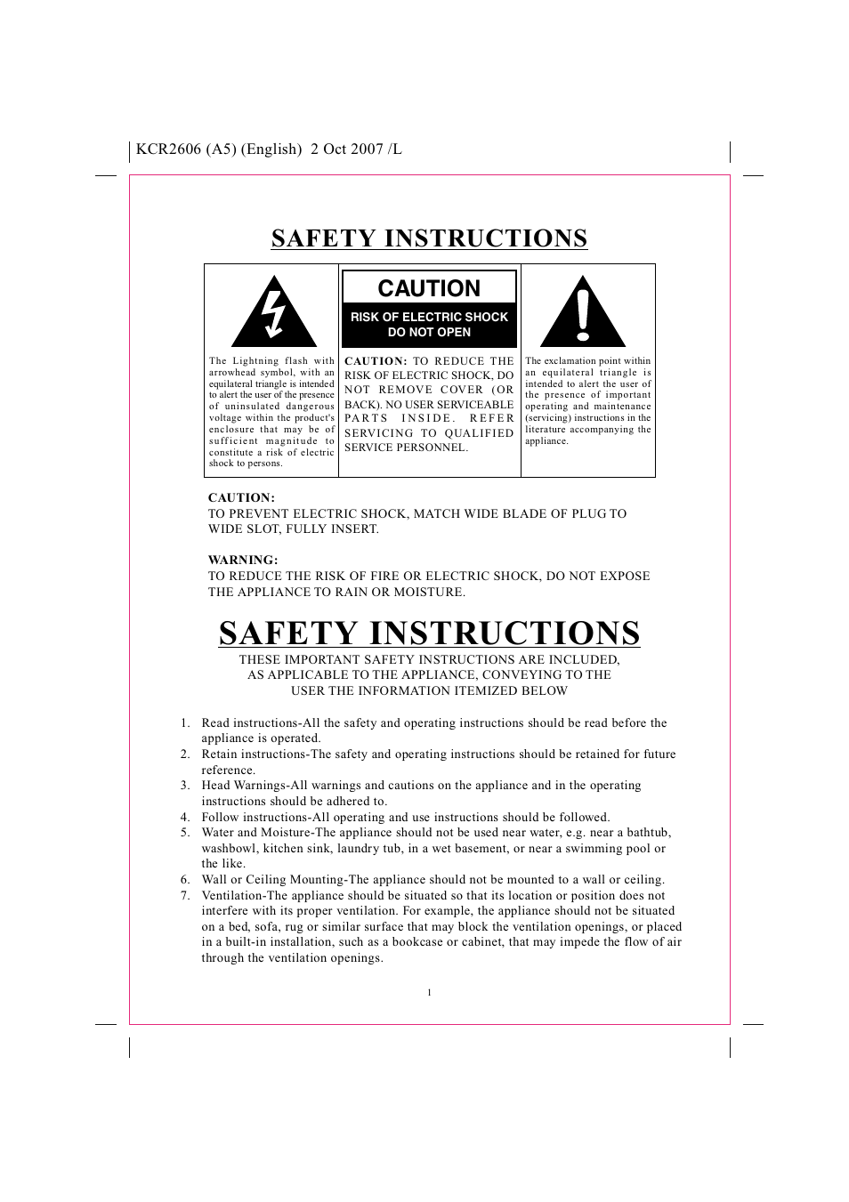Safety instructions, Pll tuning am/fm stereo radio cd player, Caution | Model kcr2606 instruction manual | Curtis KCR2606 User Manual | Page 2 / 12