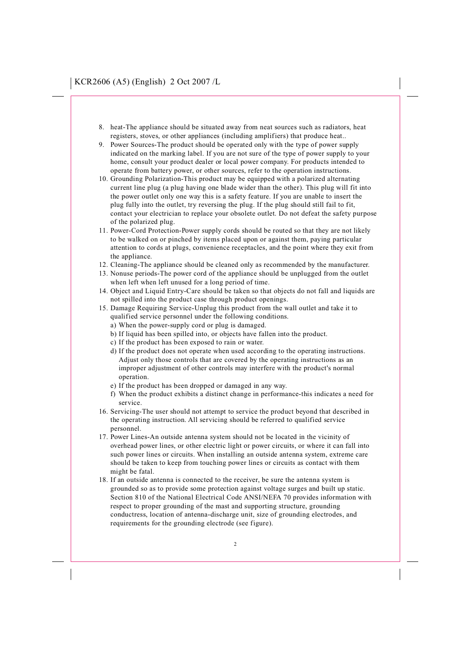 Safety instructions, Pll tuning am/fm stereo radio cd player, Model kcr2606 instruction manual | Curtis KCR2606 User Manual | Page 3 / 12
