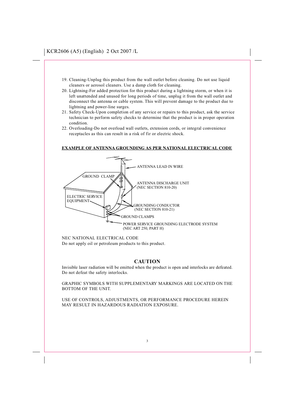 Safety instructions, Pll tuning am/fm stereo radio cd player, Model kcr2606 instruction manual | Curtis KCR2606 User Manual | Page 4 / 12