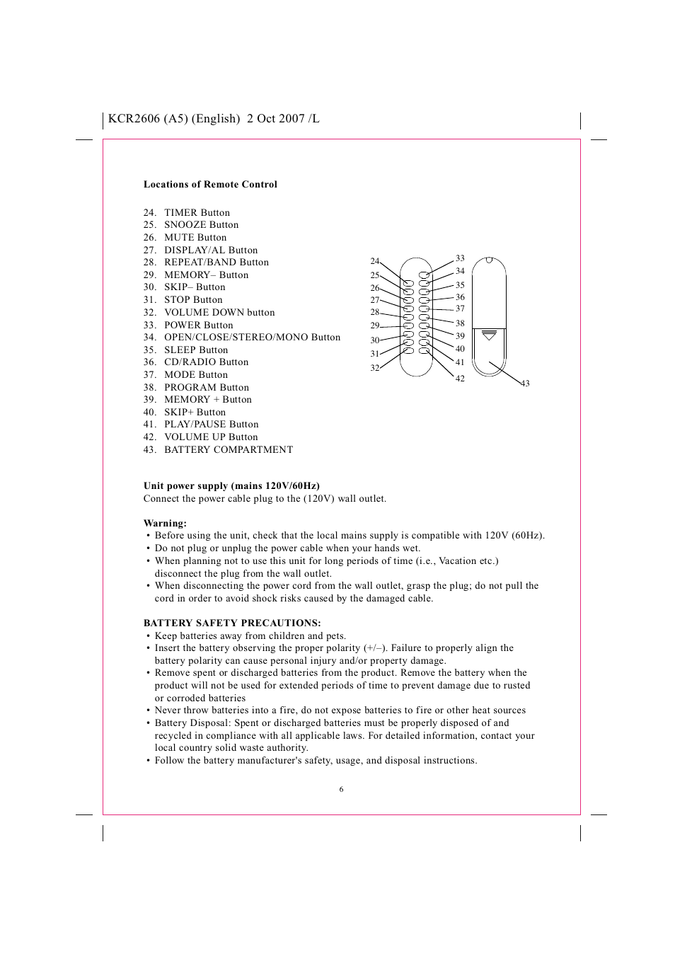 Safety instructions, Pll tuning am/fm stereo radio cd player, Model kcr2606 instruction manual | Curtis KCR2606 User Manual | Page 7 / 12