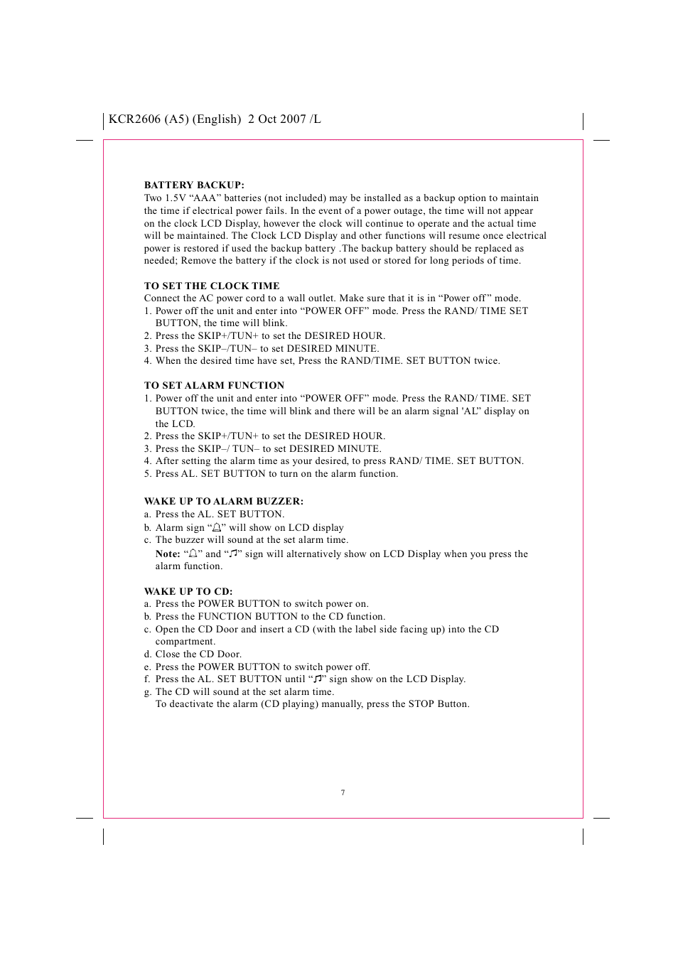 Safety instructions, Pll tuning am/fm stereo radio cd player, Model kcr2606 instruction manual | Curtis KCR2606 User Manual | Page 8 / 12