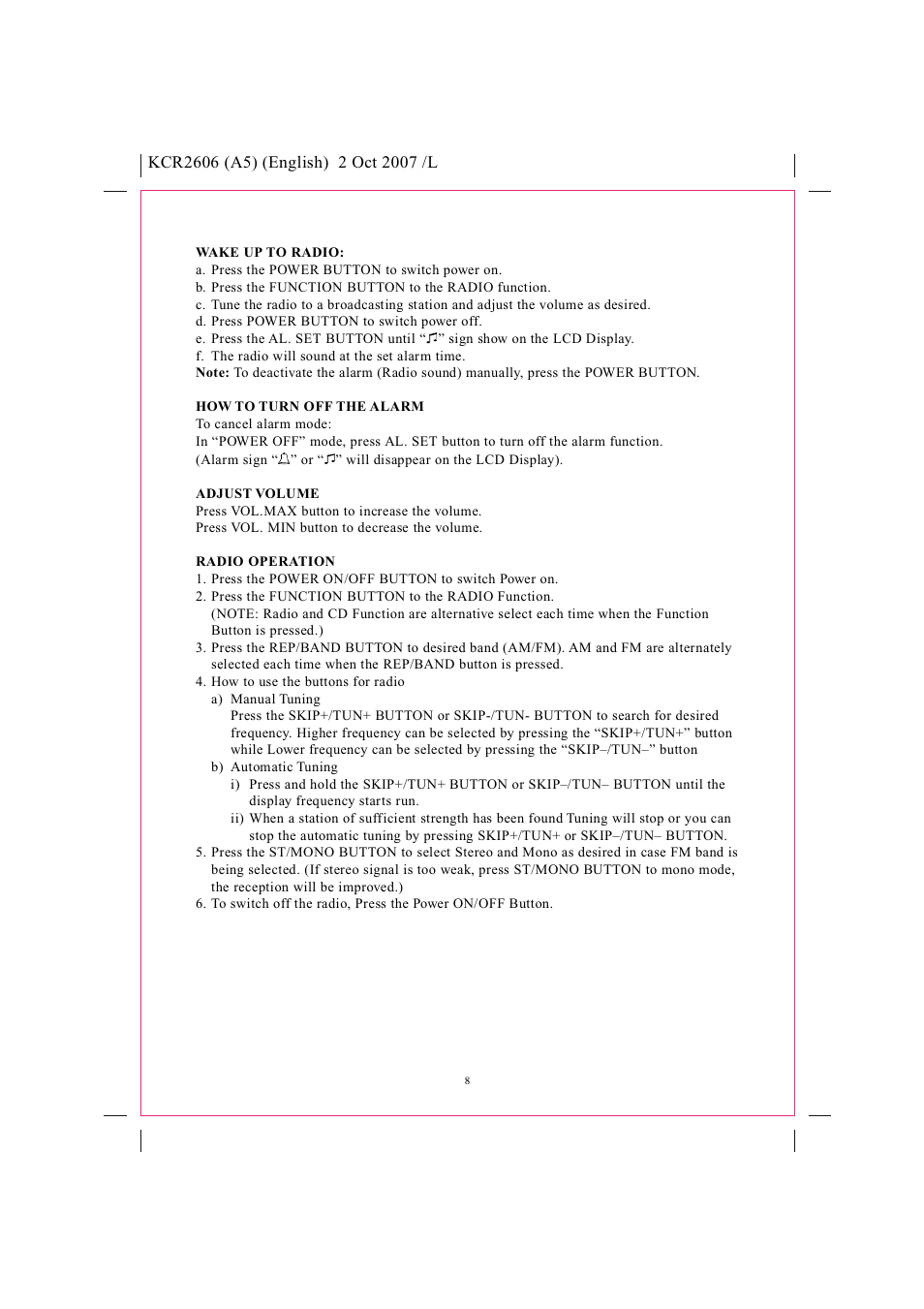 Safety instructions, Pll tuning am/fm stereo radio cd player, Model kcr2606 instruction manual | Curtis KCR2606 User Manual | Page 9 / 12