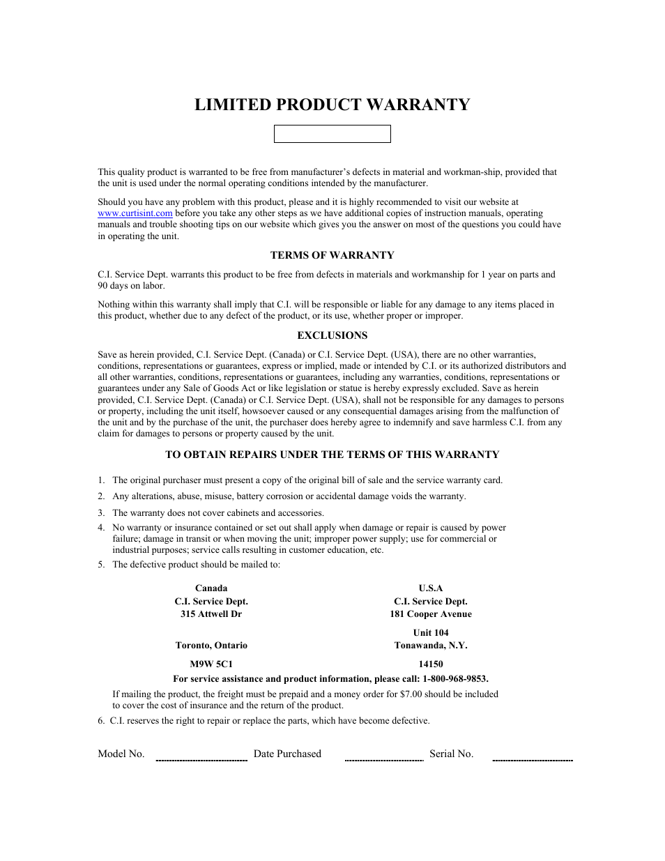 Limited product warranty | Curtis C1922 User Manual | Page 3 / 3