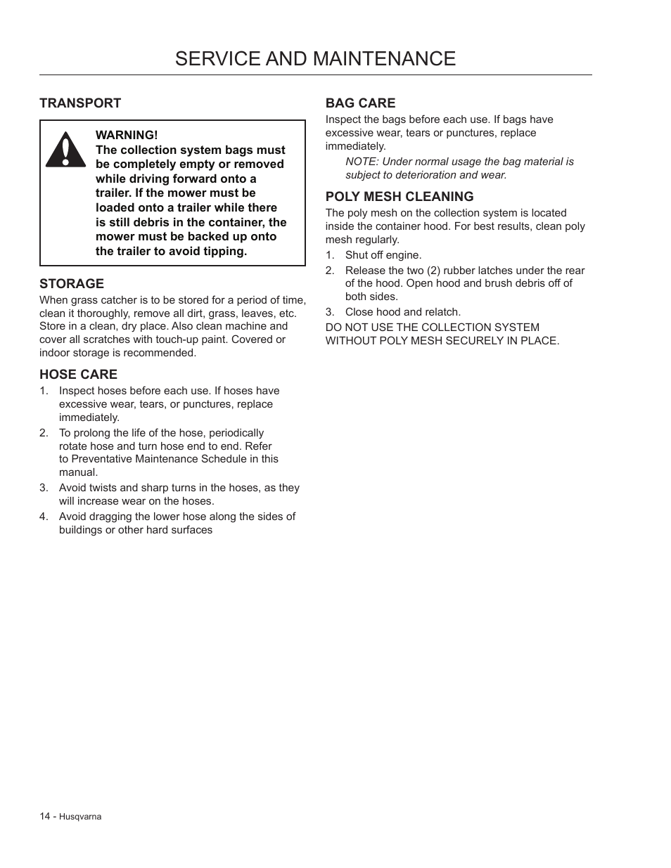 Service and maintenance, Transport, Storage | Hose care, Bag care, Poly mesh cleaning | Dixon 966 004901 User Manual | Page 14 / 28