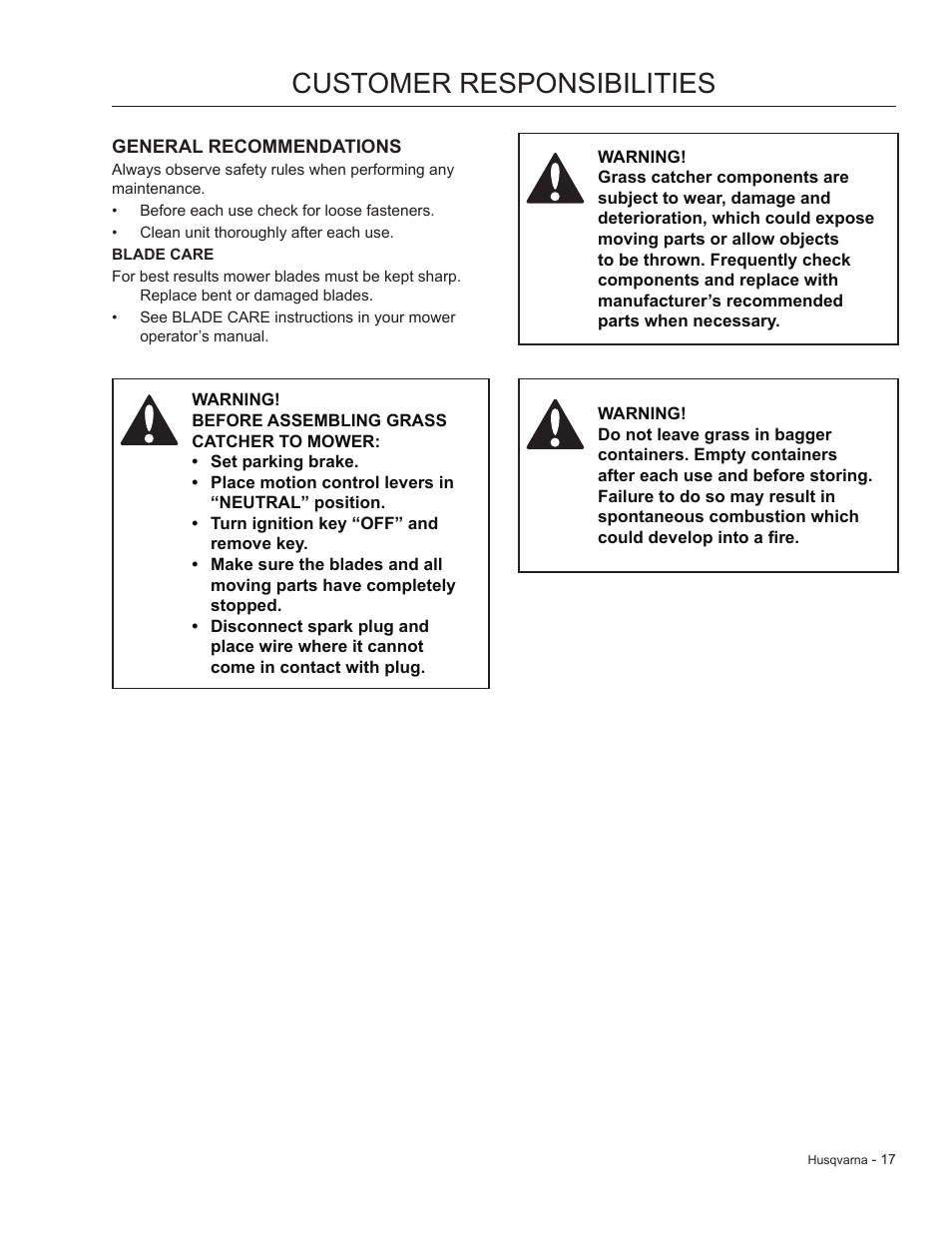 Customer responsibilities | Dixon 966 004901 User Manual | Page 17 / 28