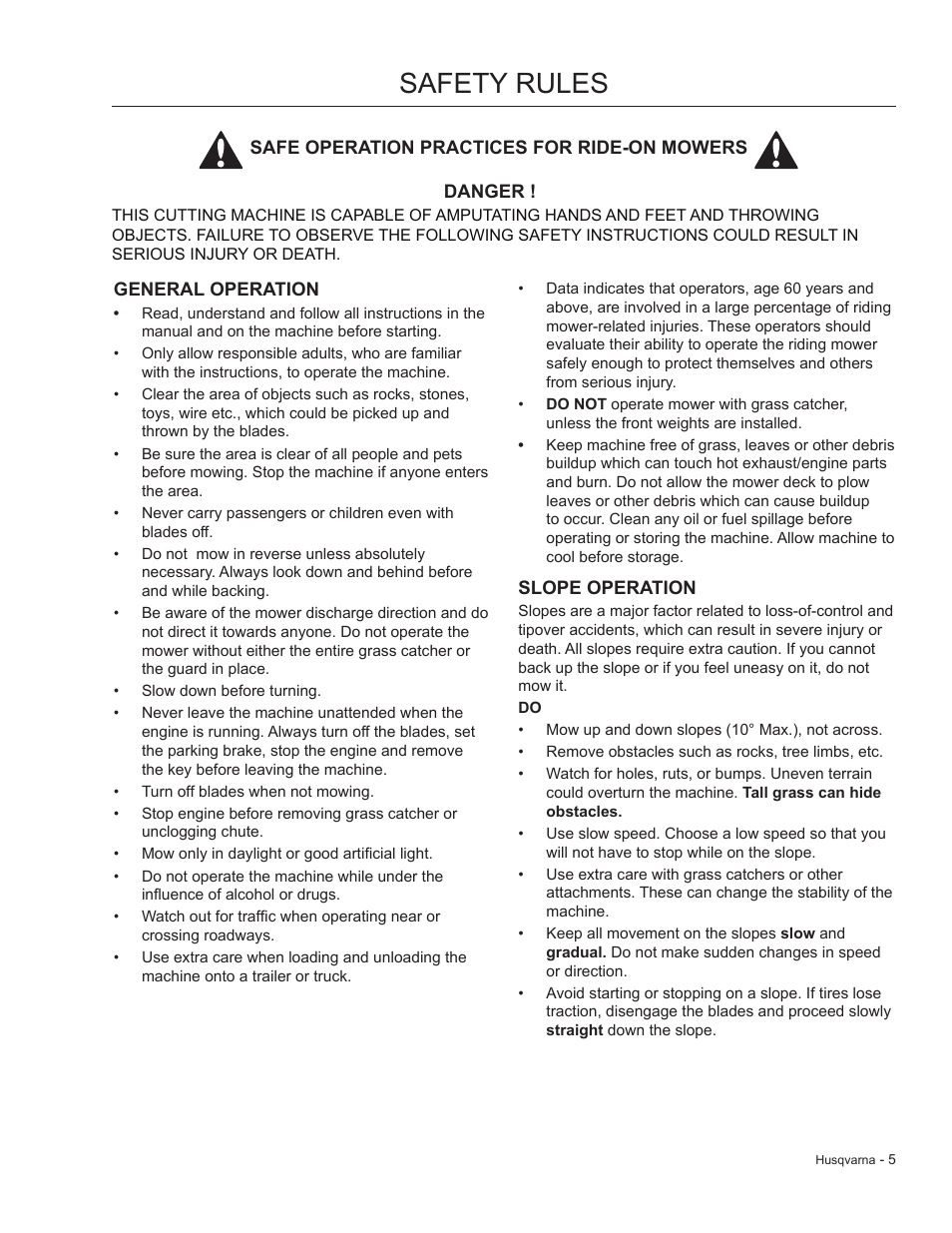 Safety rules, General operation, Slope operation | Dixon 966 004901 User Manual | Page 5 / 28