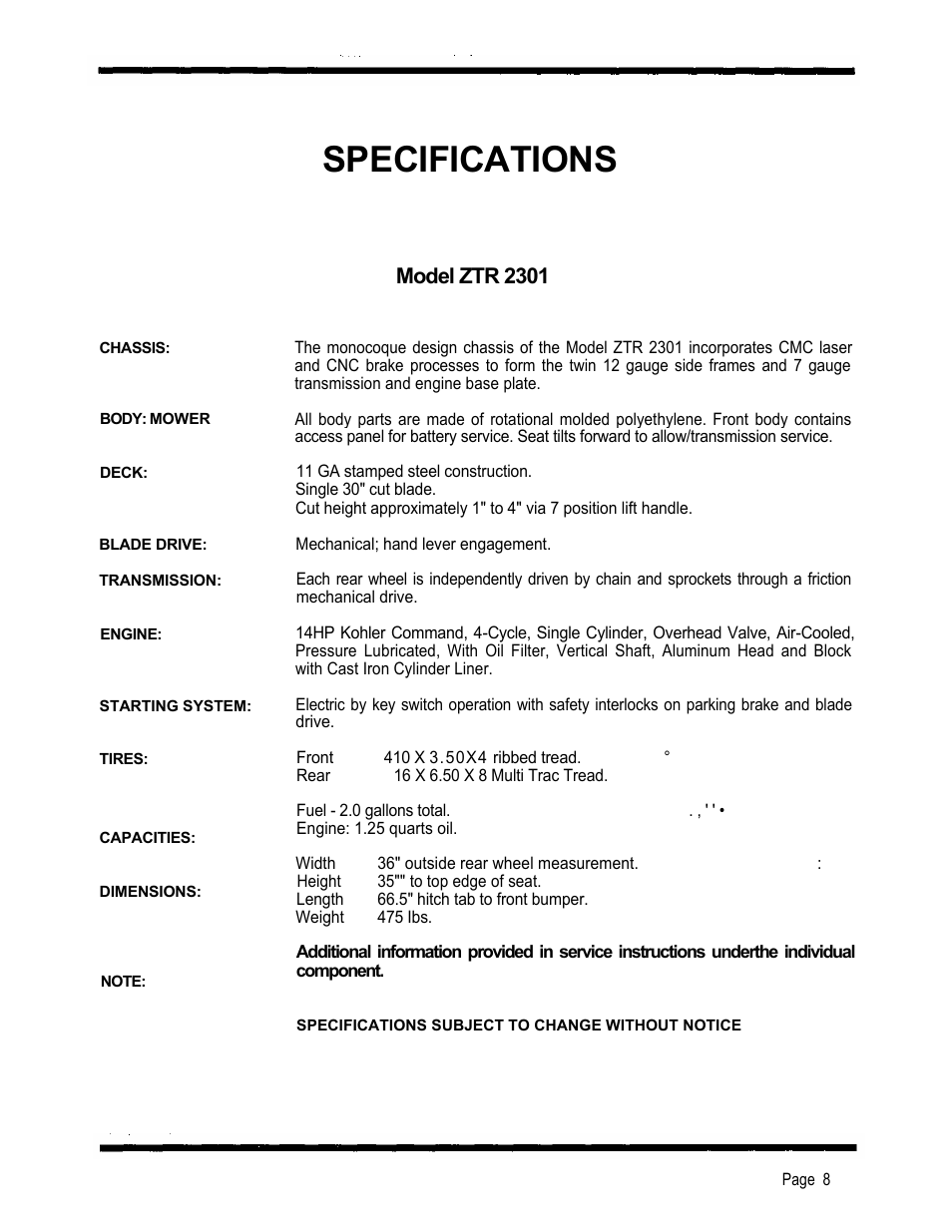 Specifications, Model ztr 2301 | Dixon 2301 User Manual | Page 11 / 42