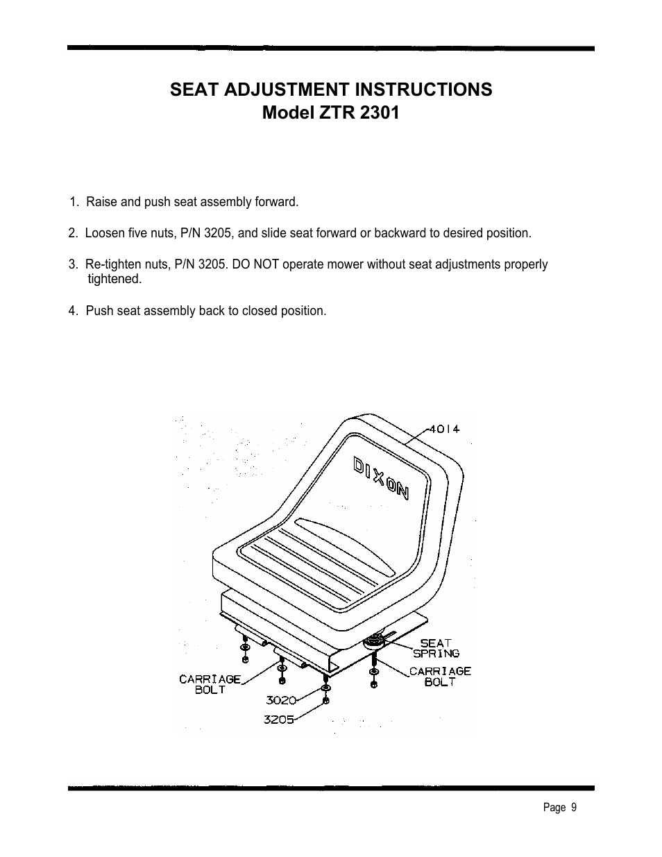 Seat adjustment instructions model ztr 2301 | Dixon 2301 User Manual | Page 12 / 42