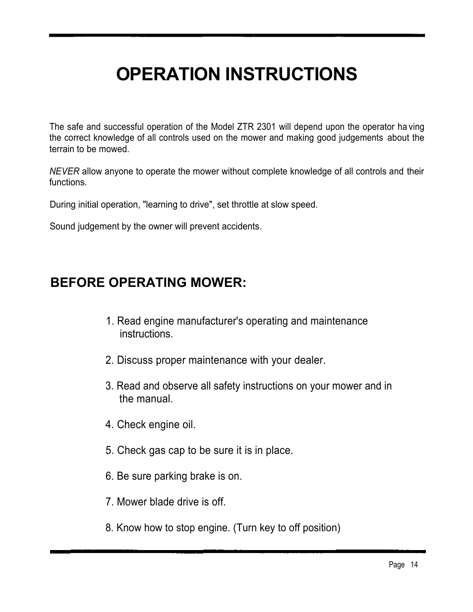 Operation instructions, Before operating mower | Dixon 2301 User Manual | Page 17 / 42