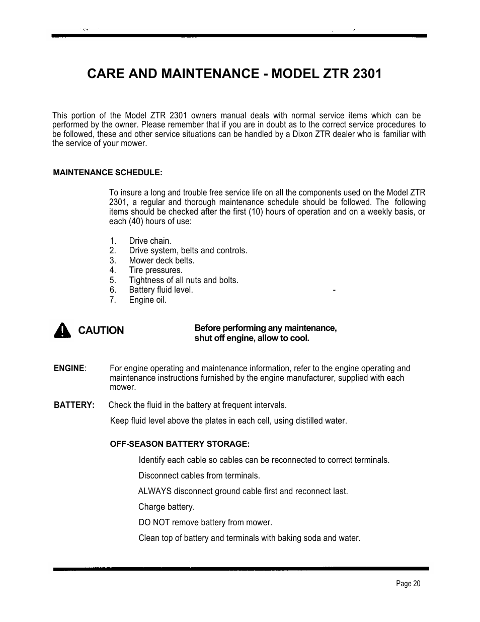 Care and maintenance - model ztr 2301, Caution | Dixon 2301 User Manual | Page 23 / 42