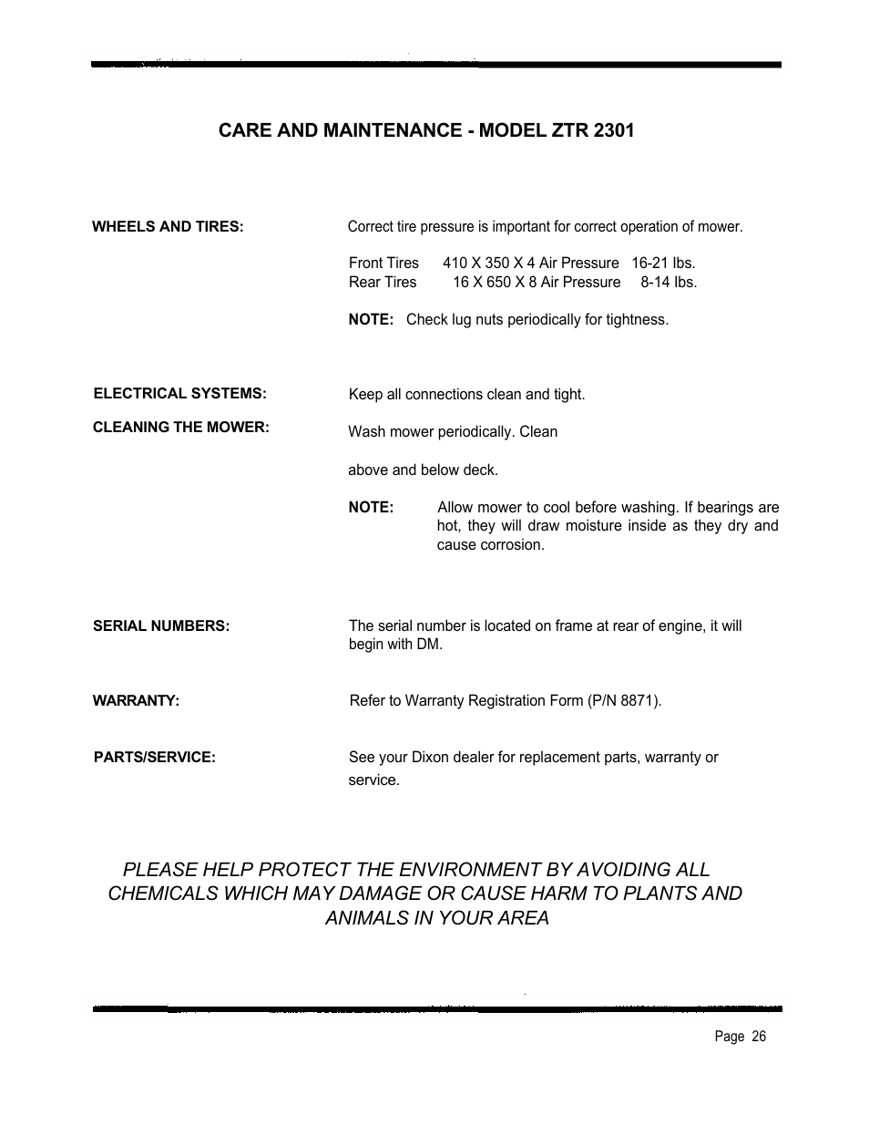 Care and maintenance - model ztr 2301, Animals in your area | Dixon 2301 User Manual | Page 29 / 42